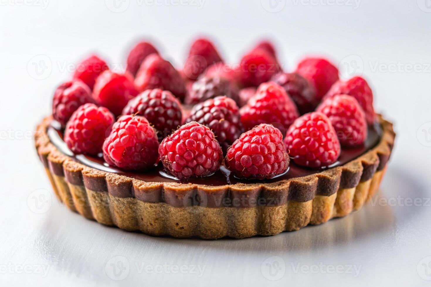 Chocolate Raspberry piece of Tart on a grey plate photo