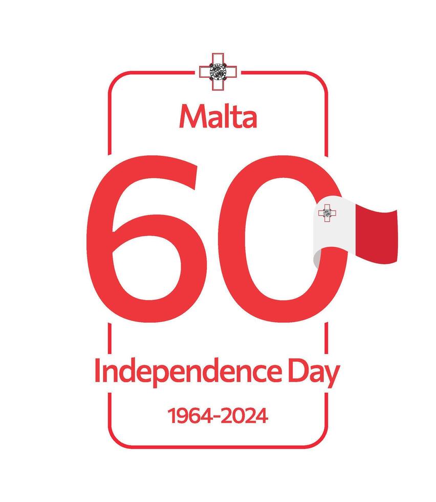 60 years anniversary of Malta's Independence Day. Large red number 60 with Maltese flag. 1964-2024. Great for logo, card, website, print, design, poster, social media. Flat style illustration vector