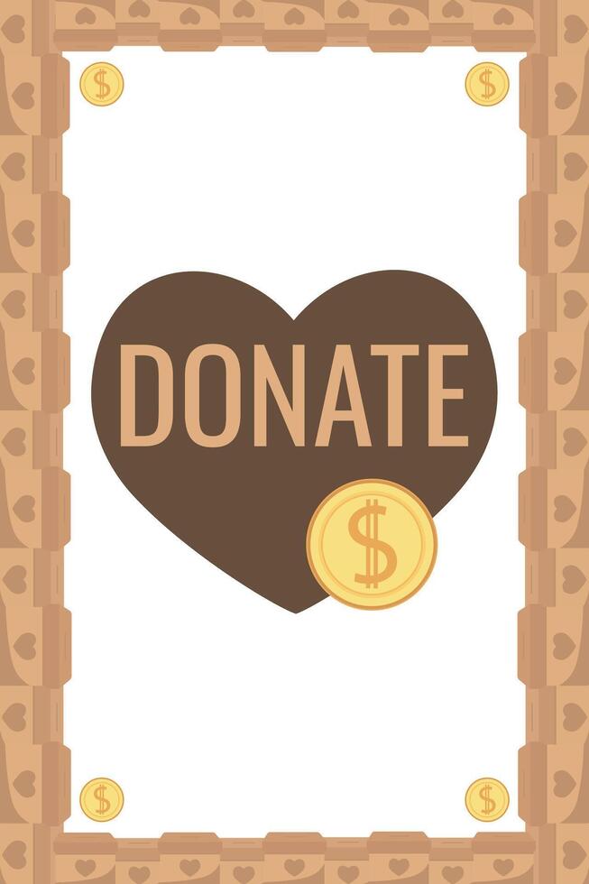 Frame of falling coins money in box charity and donation boxes border with heart says DONATE vector