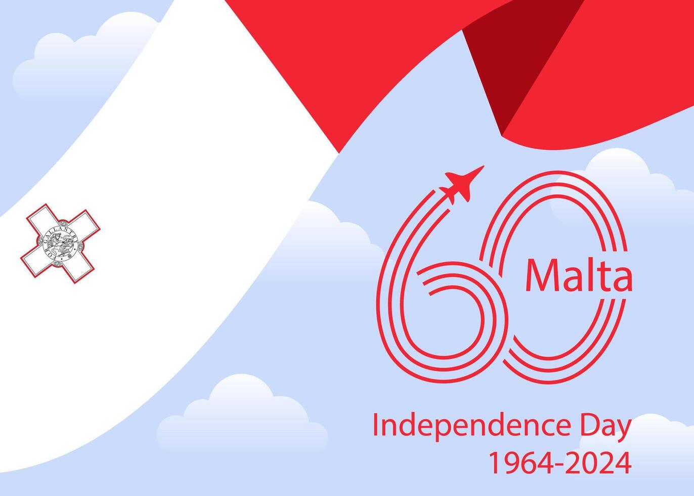 60 years anniversary of Malta Independence Day. Maltese flag is depicted against blue sky with clouds. Red number 60 are drawn as aircraft trails. Great for logo, card, website, print, design, poster vector