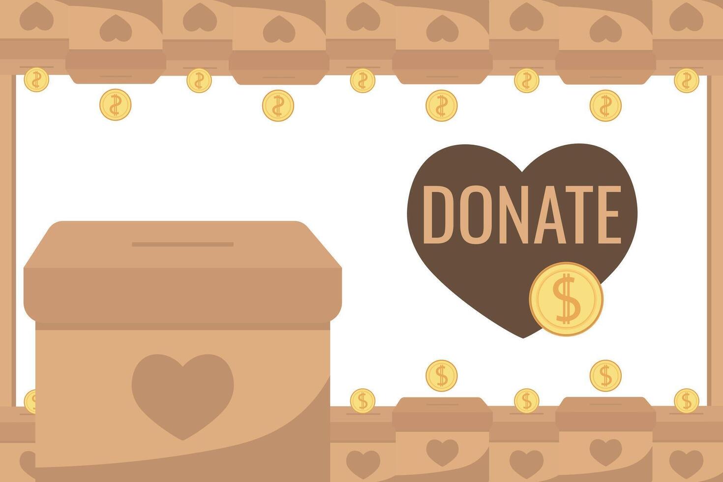 Frame of falling coins money in box charity and donation boxes border with heart says DONATE vector