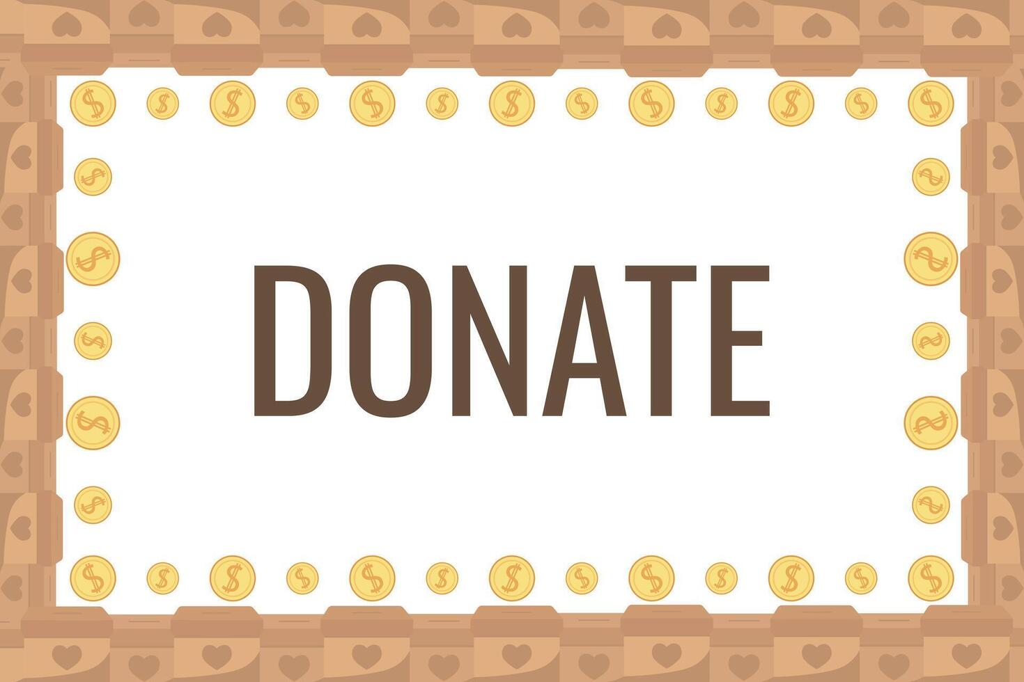 Frame of falling coins money in box charity and donation boxes border with heart says DONATE vector