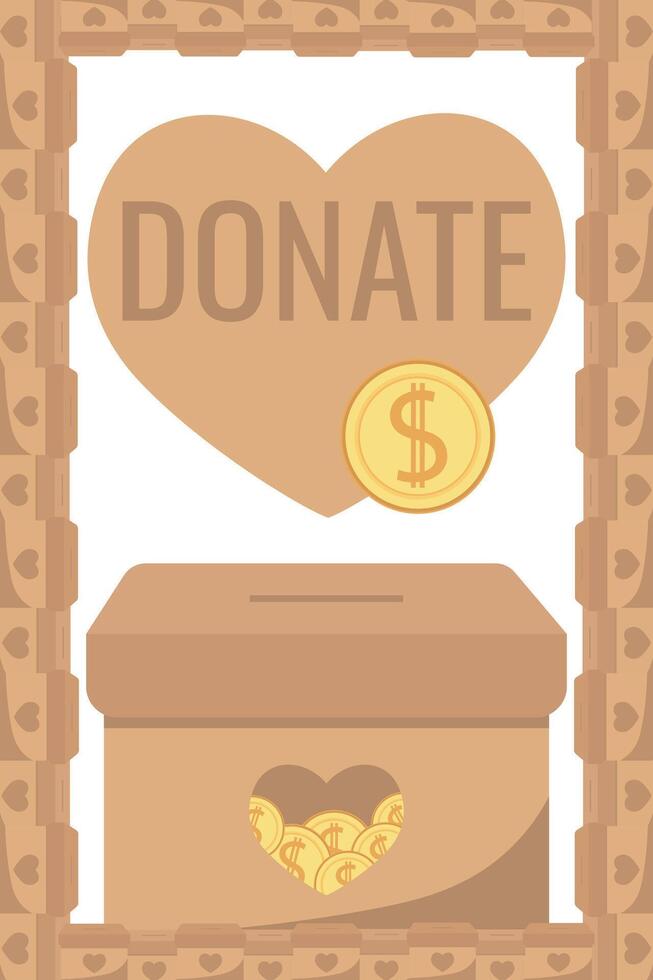 Frame of falling coins money in box charity and donation boxes border with heart says DONATE vector