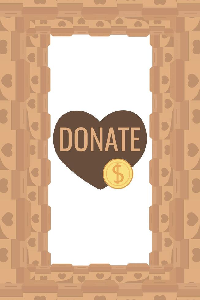 Frame of falling coins money in box charity and donation boxes border with heart says DONATE vector