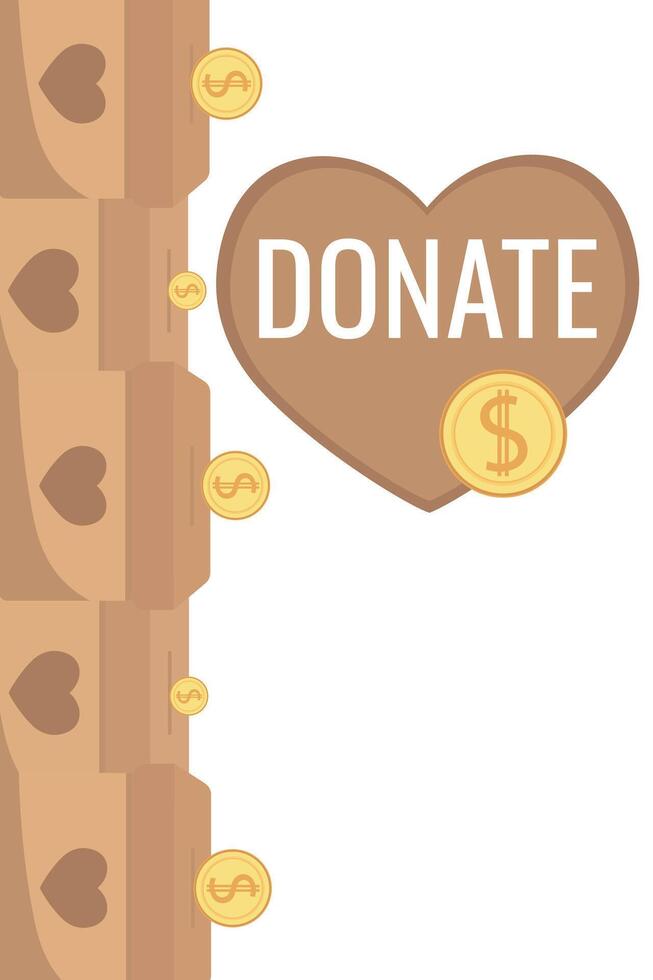 Frame of falling coins money in box charity and donation boxes border with heart says DONATE vector