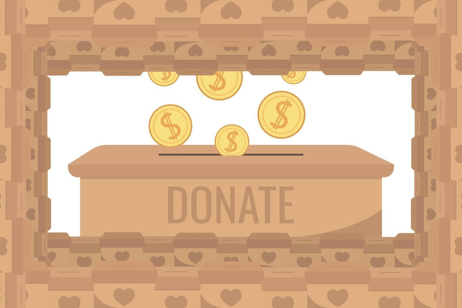 Frame of falling coins money in box charity and donation boxes border with heart says DONATE vector
