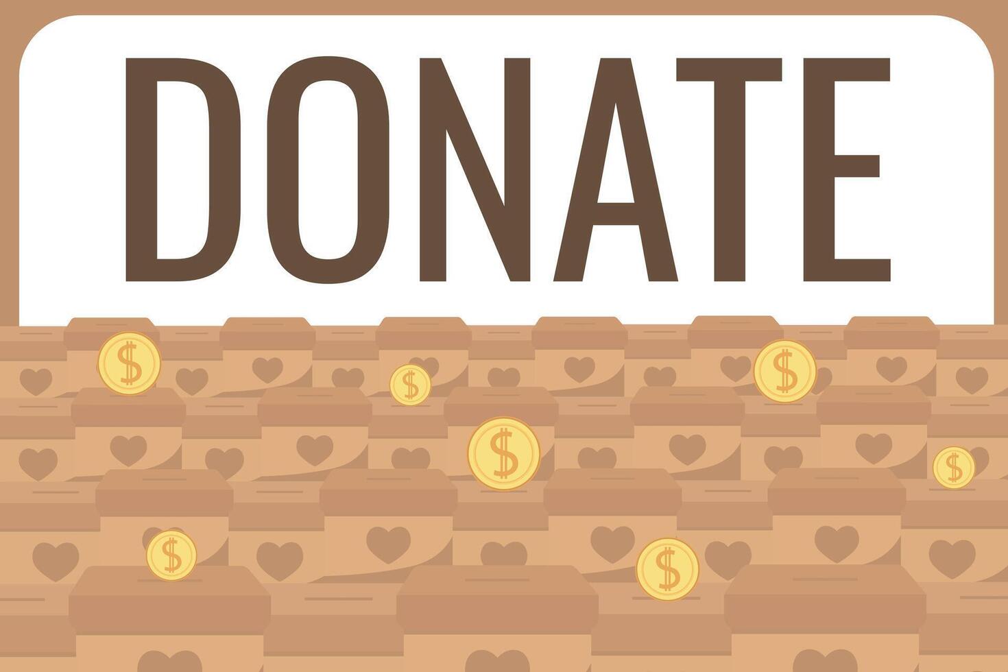 Frame of falling coins money in box charity and donation boxes border with heart says DONATE vector