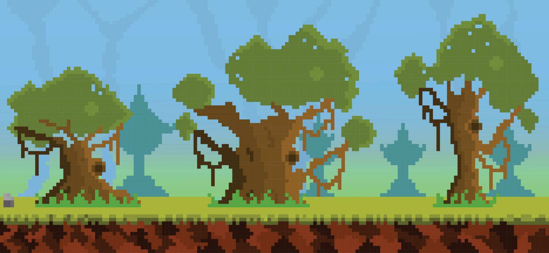 Pixel 2d flat game background, nature landscape pixel scene with green grass and ground platforms, pixelated template for computer game or application vector
