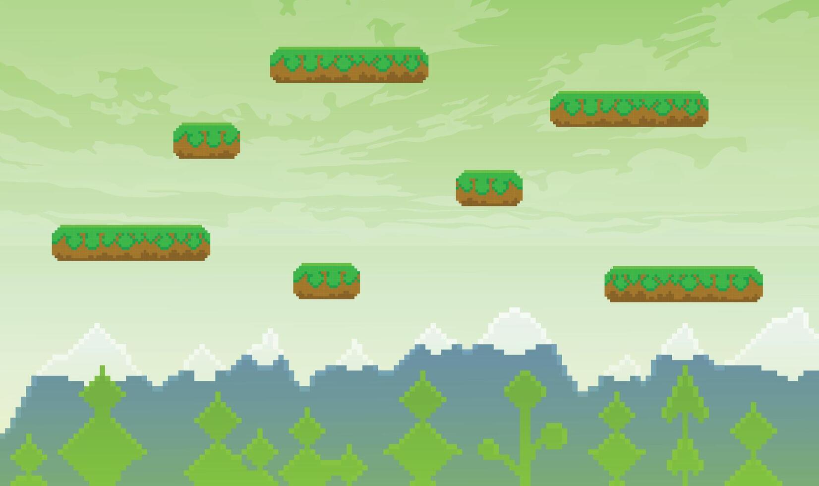 Pixel 2d flat game background, nature landscape pixel scene with green grass and ground platforms, pixelated template for computer game or application vector