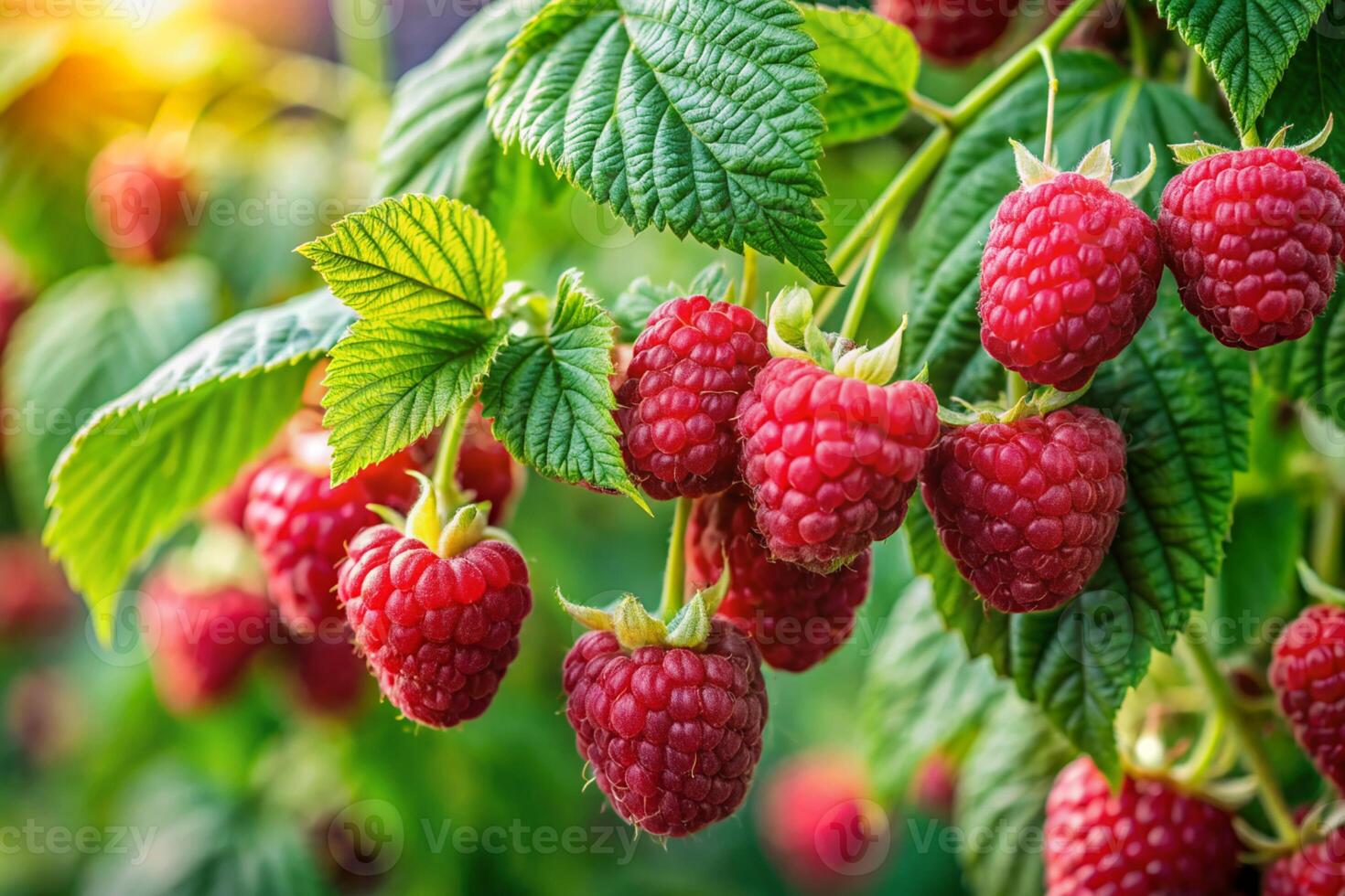 A close-up view of red raspberries and green leaves in a garden photo