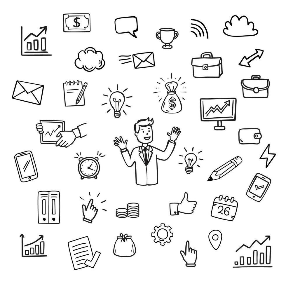 Hand drawn doodle business icons set isolated on white background. vector