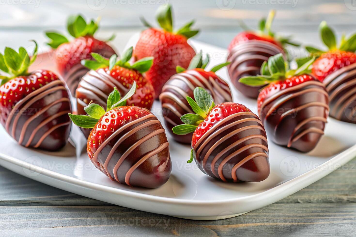 A group of chocolate-covered strawberries on a white plate with a light background, featuring a sliced strawberry to highlight its luscious interior photo