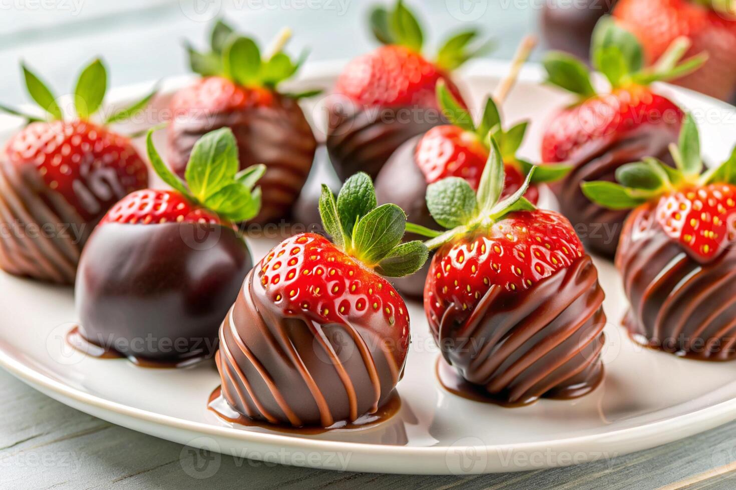 A group of chocolate-covered strawberries on a white plate with a light background, featuring a sliced strawberry to highlight its luscious interior photo