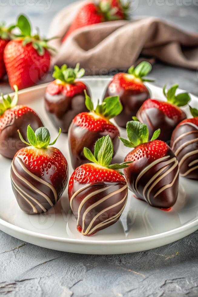 A group of chocolate-covered strawberries on a white plate with a light background, featuring a sliced strawberry to highlight its luscious interior photo