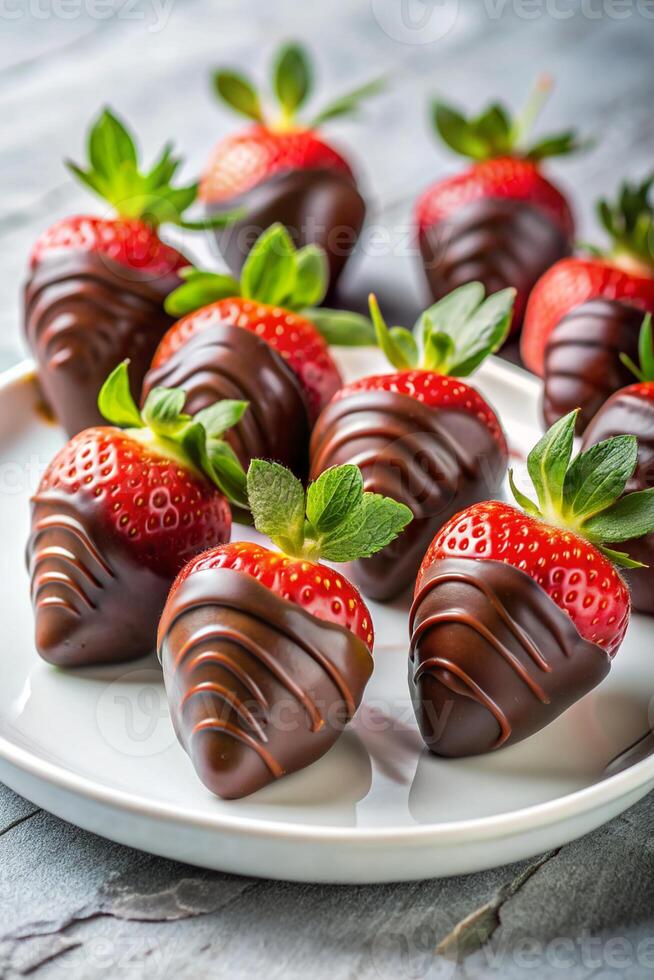 A group of chocolate-covered strawberries on a white plate with a light background, featuring a sliced strawberry to highlight its luscious interior photo