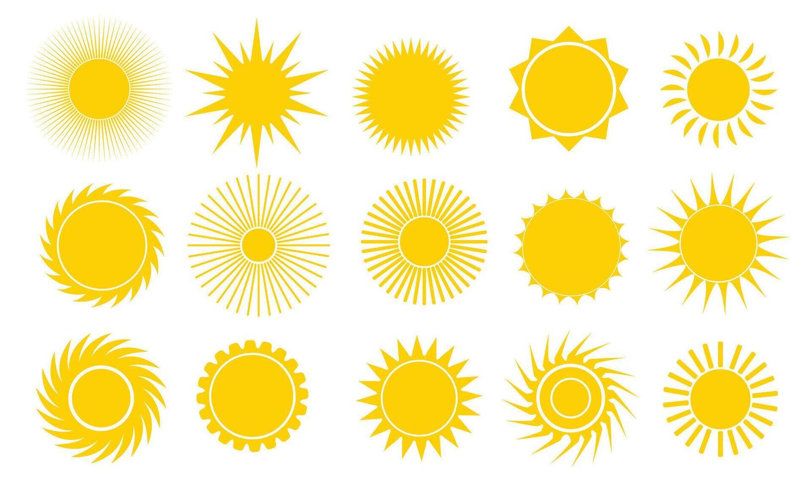 Sun icon set yellow color. Different illustration sun drawing collection. Summertime figure concept. vector
