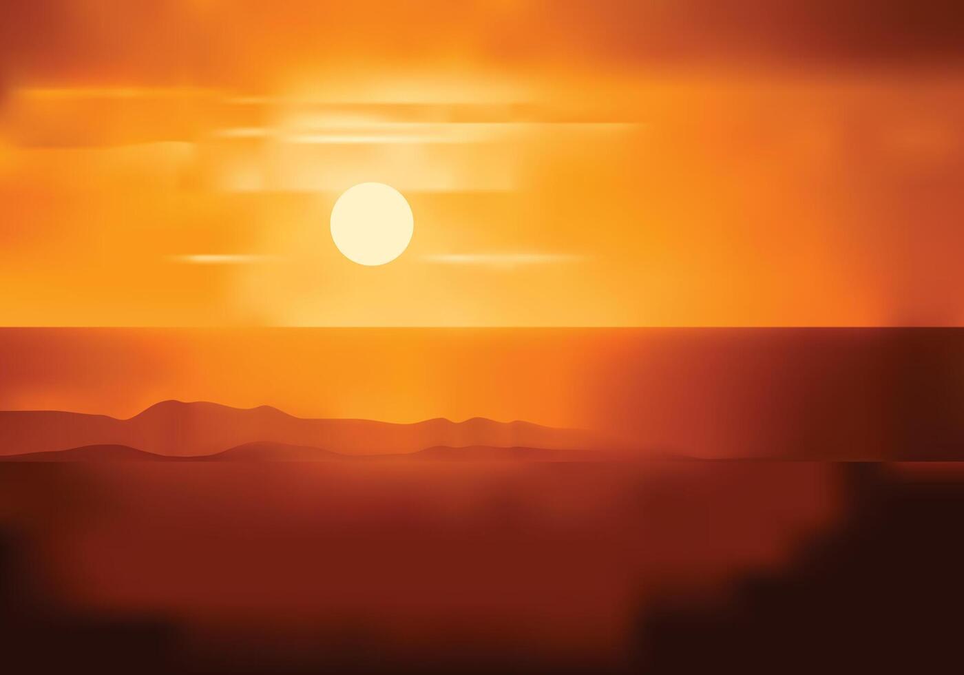Dramatic sunset landscape illustration. Sunburst summertime concept for background design. vector