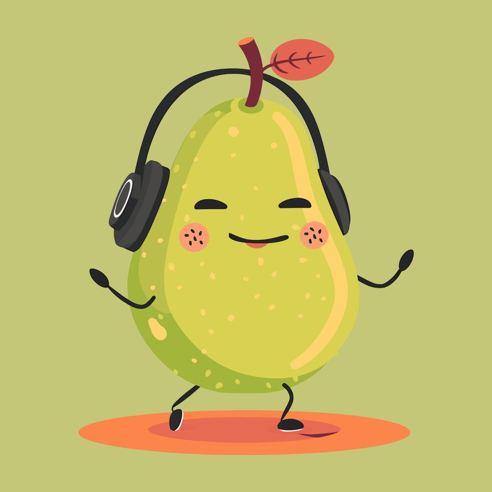 A guava with a giggly face, wearing headphones and dancing vector