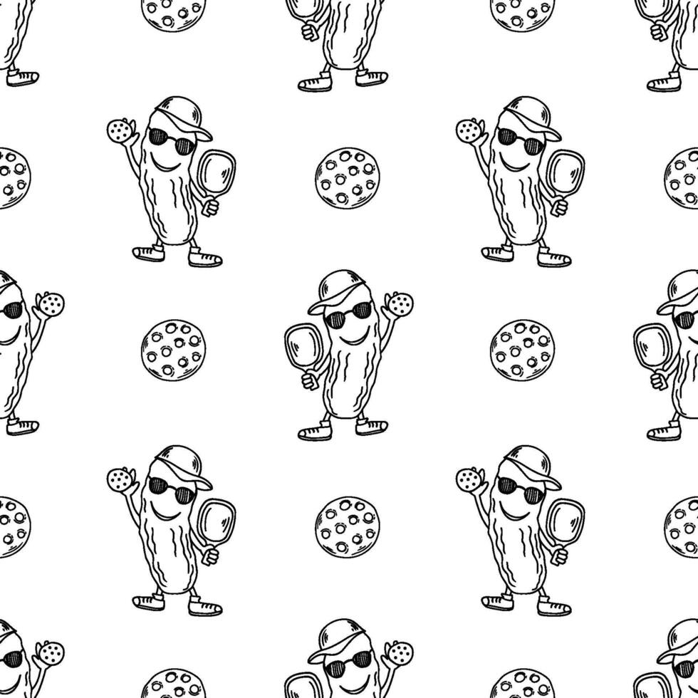 Pickleball avocado and balls black outline seamless patterns vector