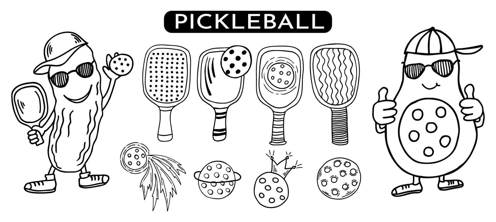 Pickleball paddles, balls, avocado and pickle characters set. Hand drawn black outline illustration. vector
