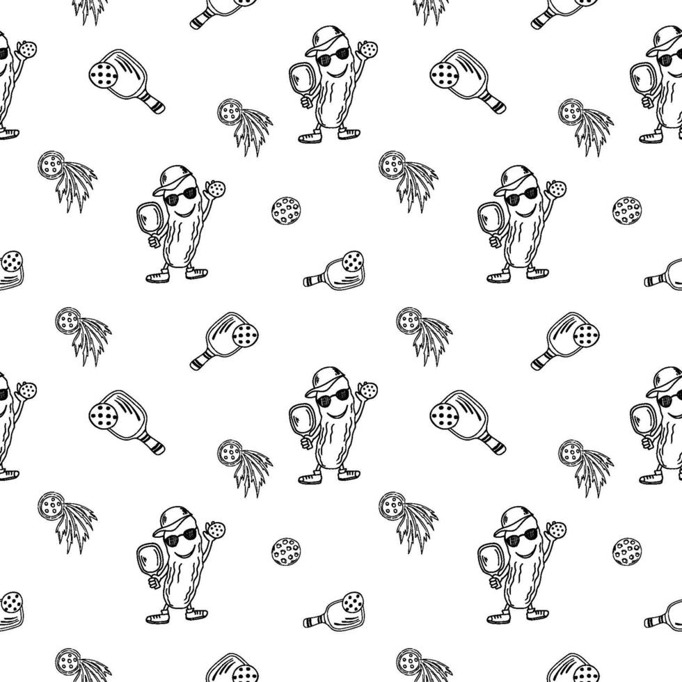 Pickleball paddles and pickle black outline seamless patterns vector