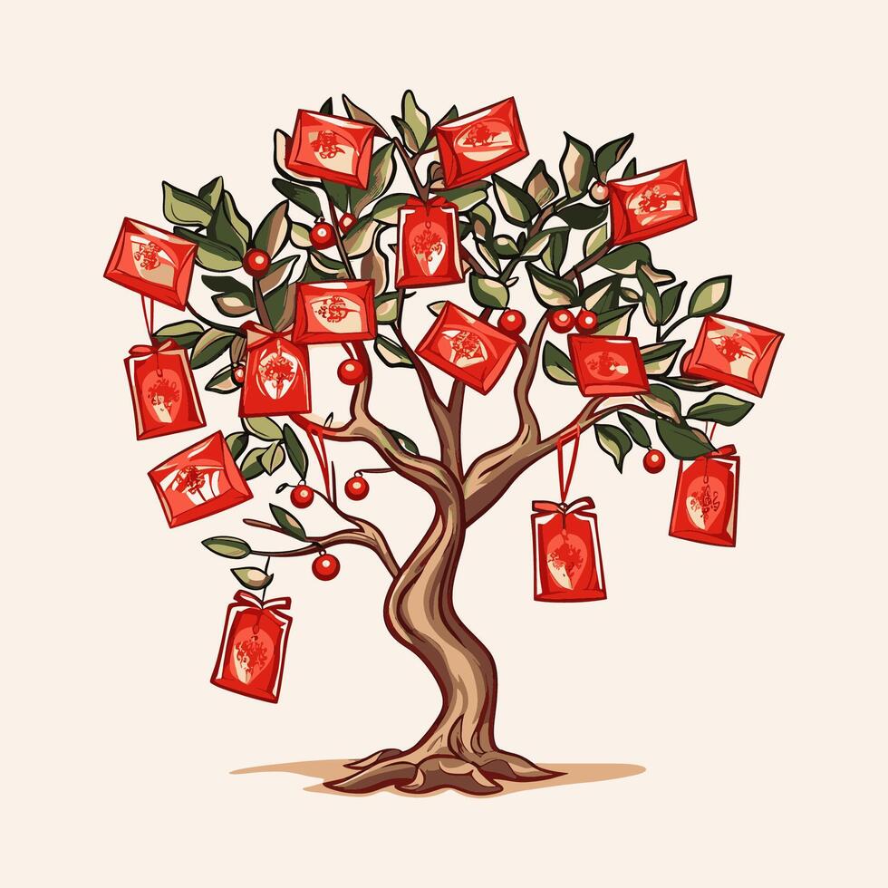 A decorated tree with red envelopes vector