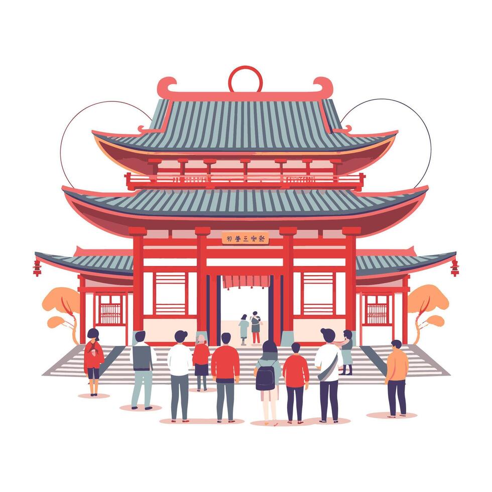 A serene scene of people visiting a temple vector