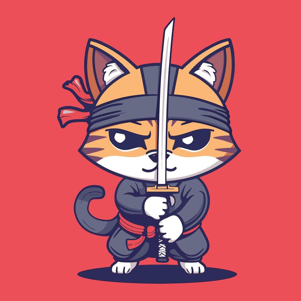 A young cat practicing with a samurai sword vector