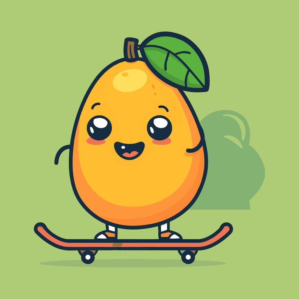 A mango with a cheeky grin holding a skateboard vector