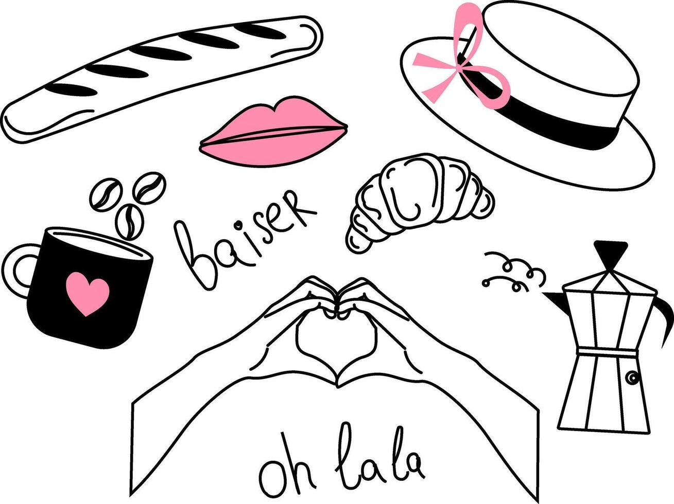 A set of doodle elements on the theme of Paris, black lines silhouettes with pink inserts. Lips, baguette, coffee, hat, hands with a heart. Stylized and hand drawn. vector