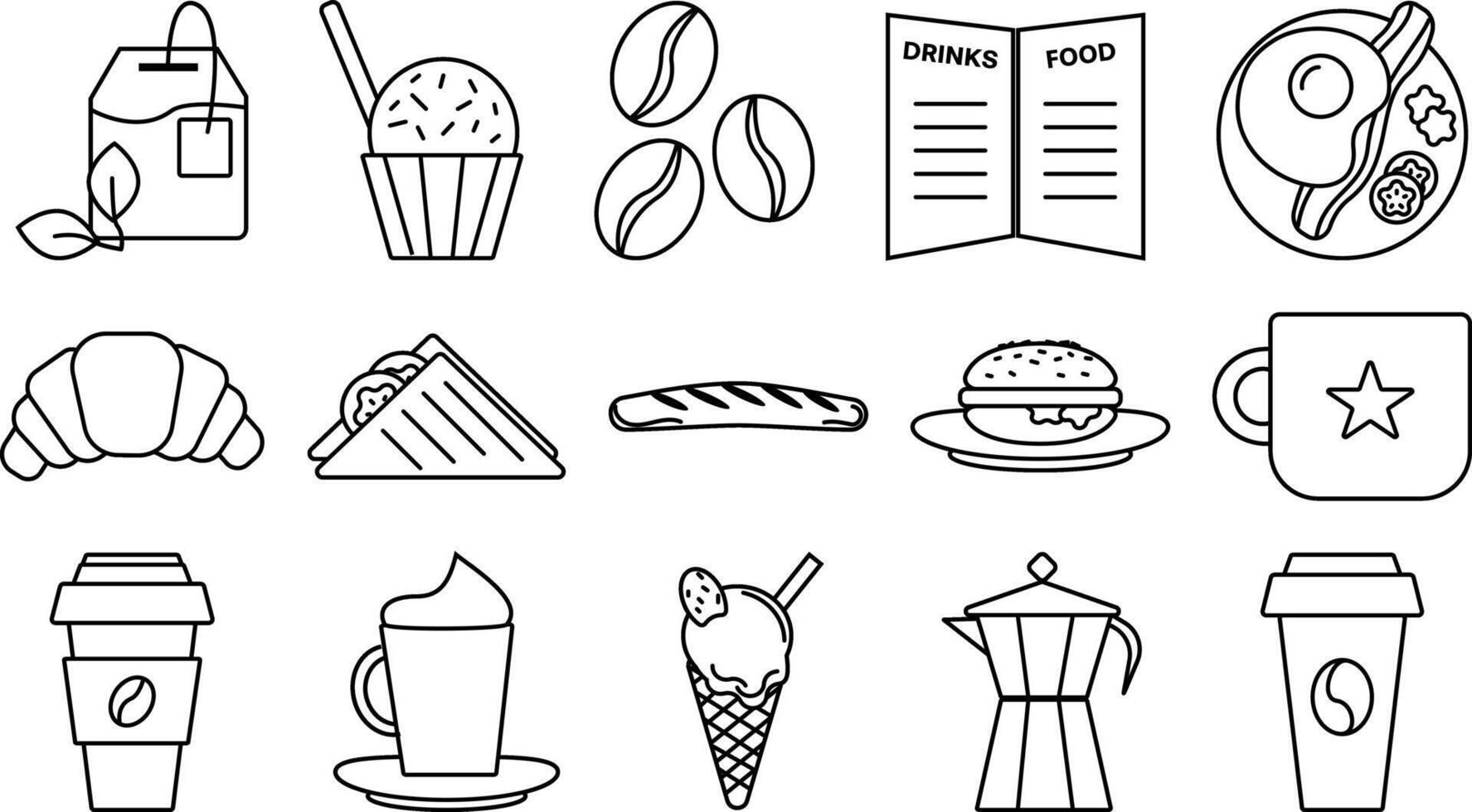 A set of black and white icons themed around a coffee shop, featuring food, coffee, cups, and more vector