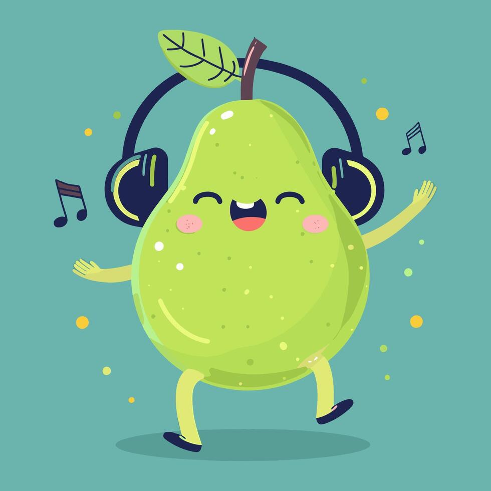 A guava with a giggly face, wearing headphones and dancing vector