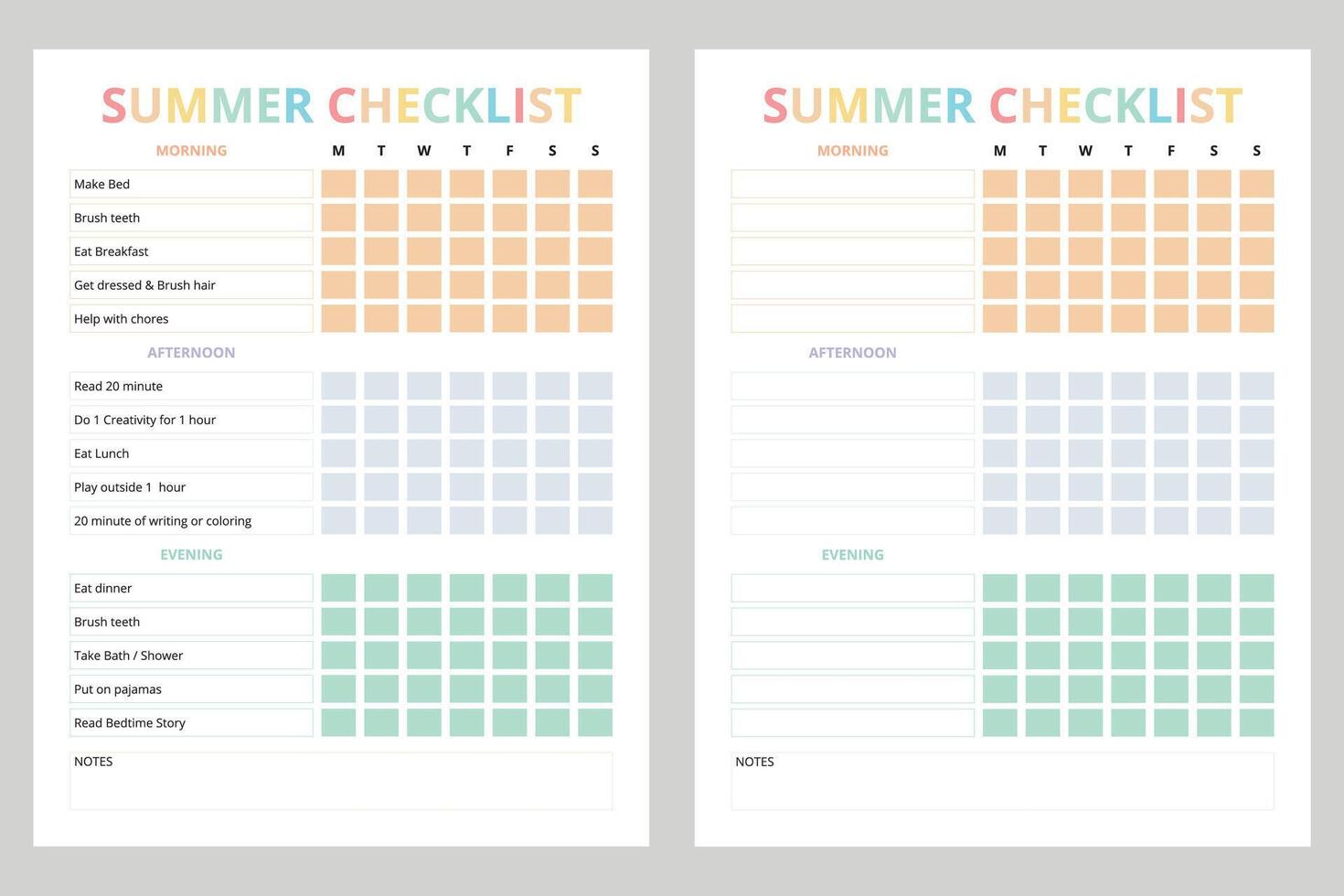 Summer daily checklist printable for kids vector