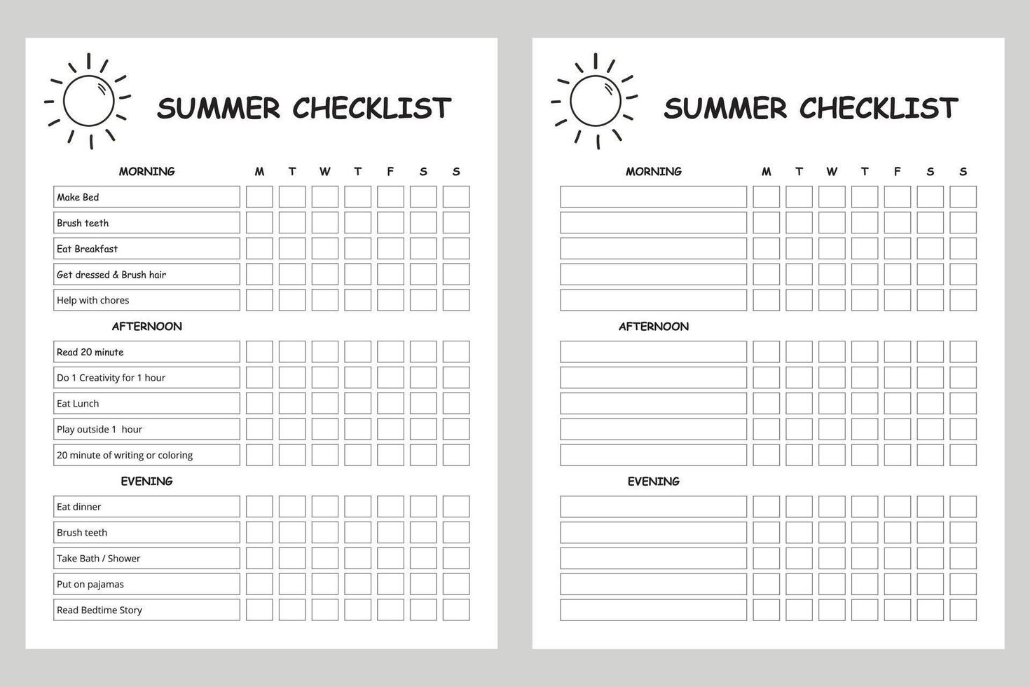 Simple summer checklist printable, daily schedule vector