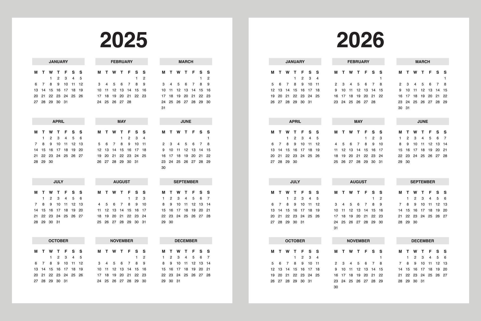2025 2026 Portrait Yearly calendar, monday start 47082022 Vector Art at Vecteezy