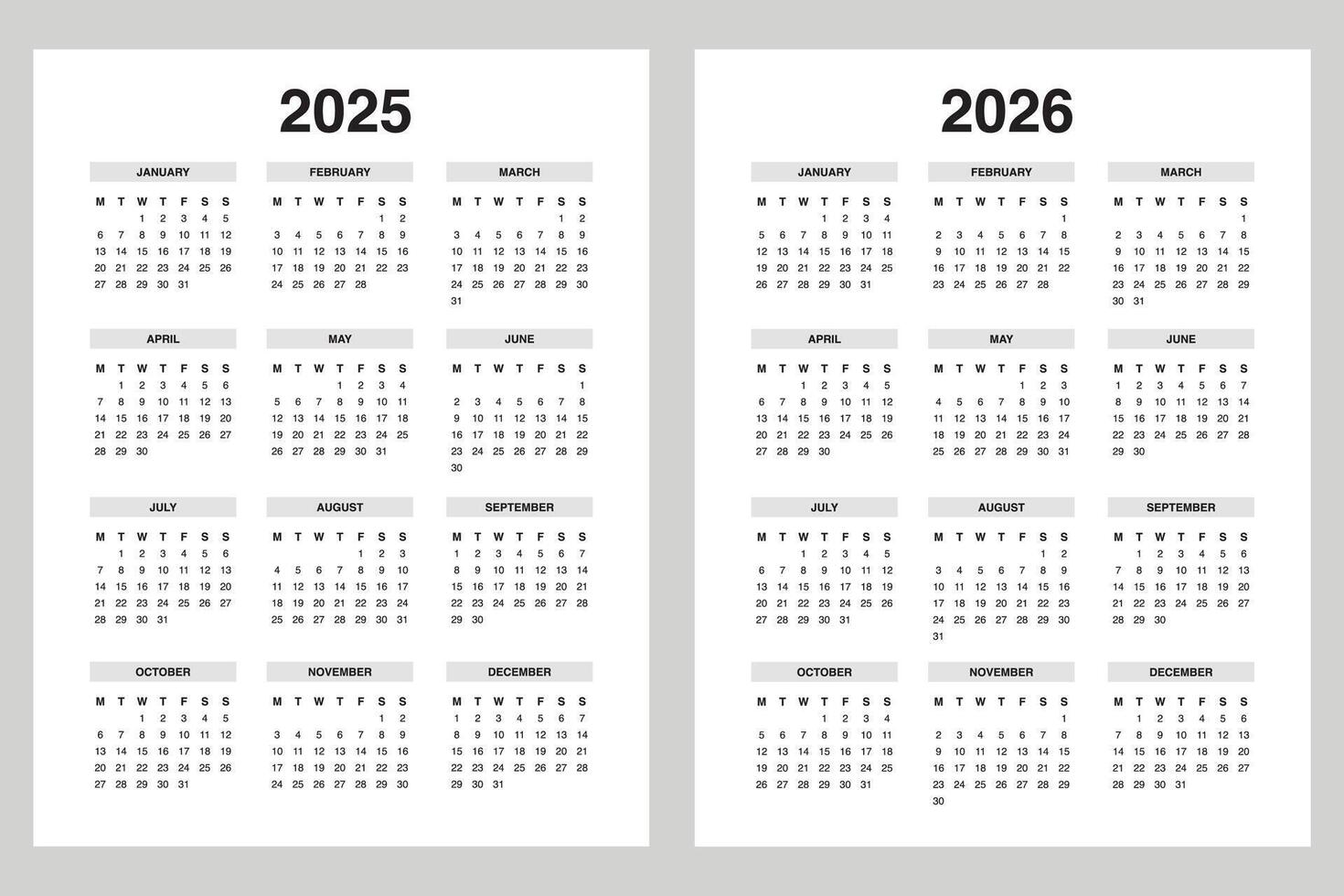 2025 2026 Portrait Yearly calendar, monday start vector