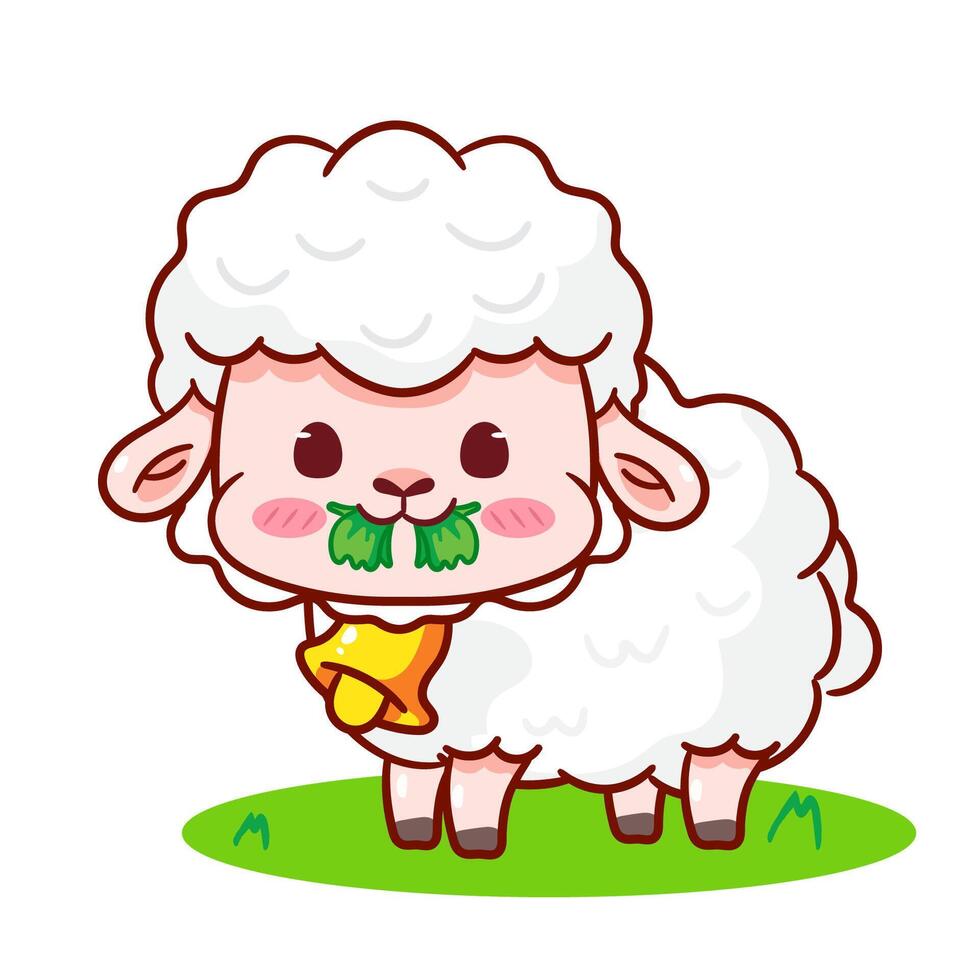 Cute Sheep Eating Grass Cartoon Character. Adorable and Kawaii Animal Illustration. Isolated White Background. Icon Mascot Concept Design. vector