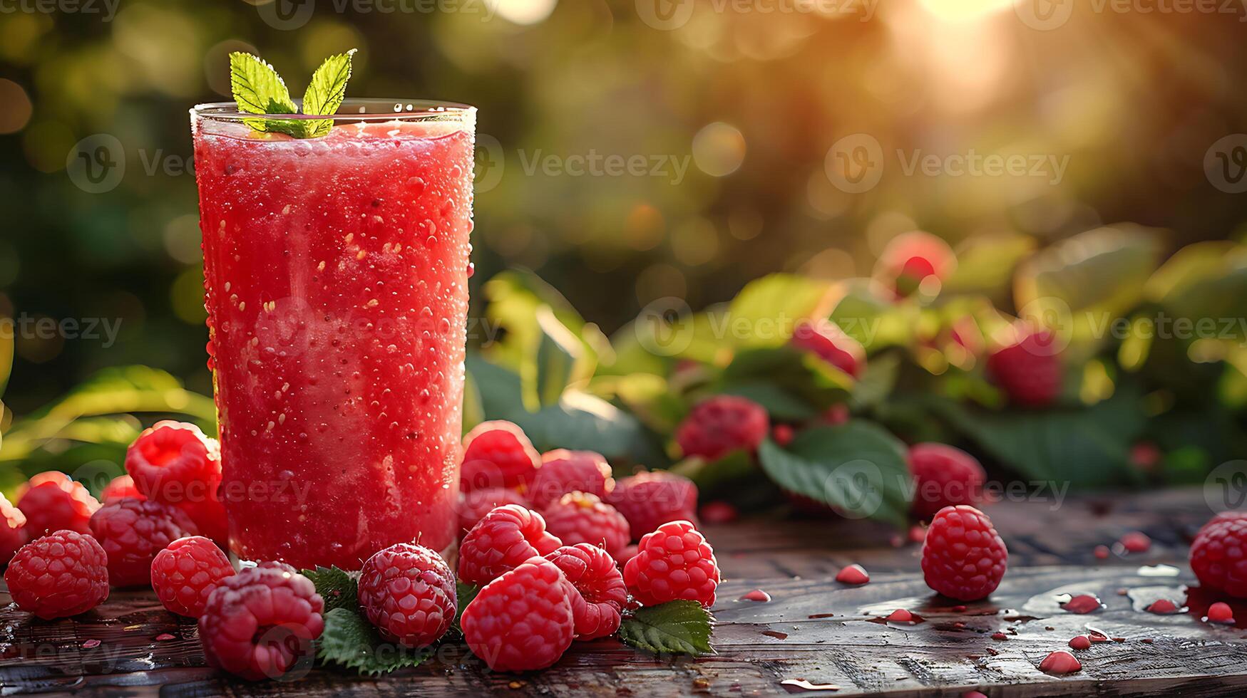 Fresh tasty raspberry juice in a glass on a wooden table beside strawberry photo