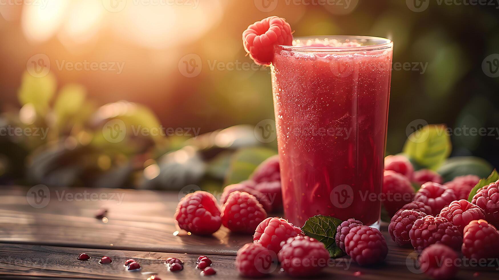 Fresh tasty raspberry juice in a glass on a wooden table beside strawberry photo