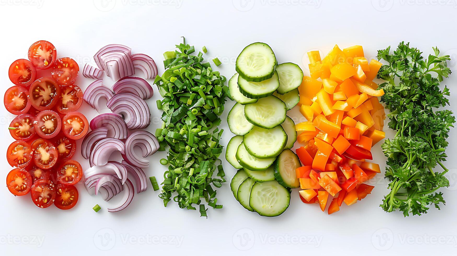 Different types of cut vegetables in a line on a white background photo