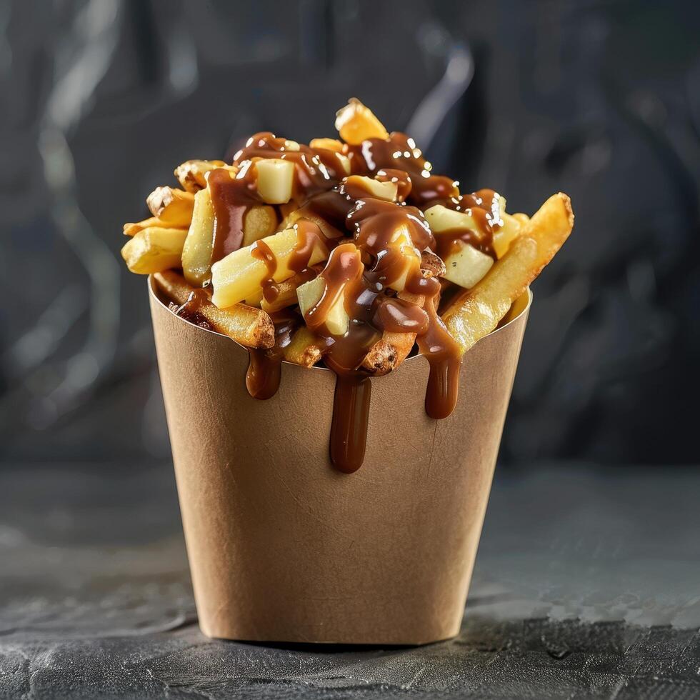 Poutine, Canadian fast food dish of french fries topped with cheese curds and gravy, in a paper cone container photo