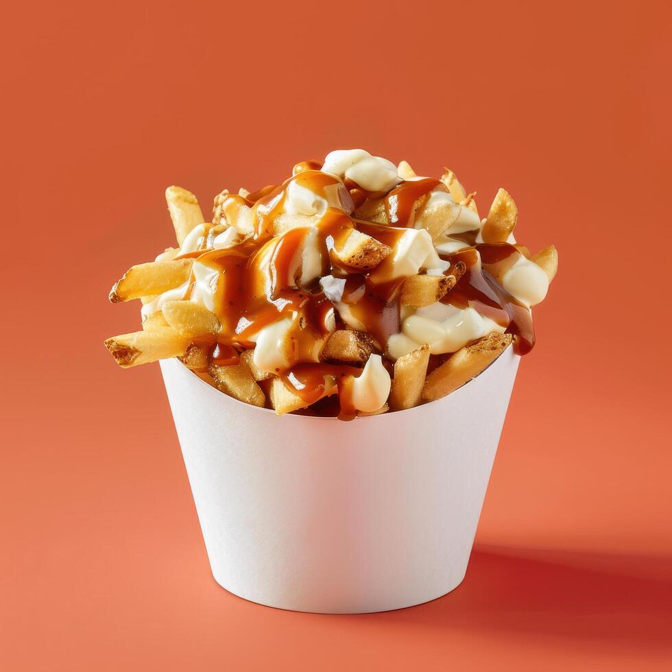 Close up of poutine, a Canadian dish made of french fries, cheese curds, and gravy. photo