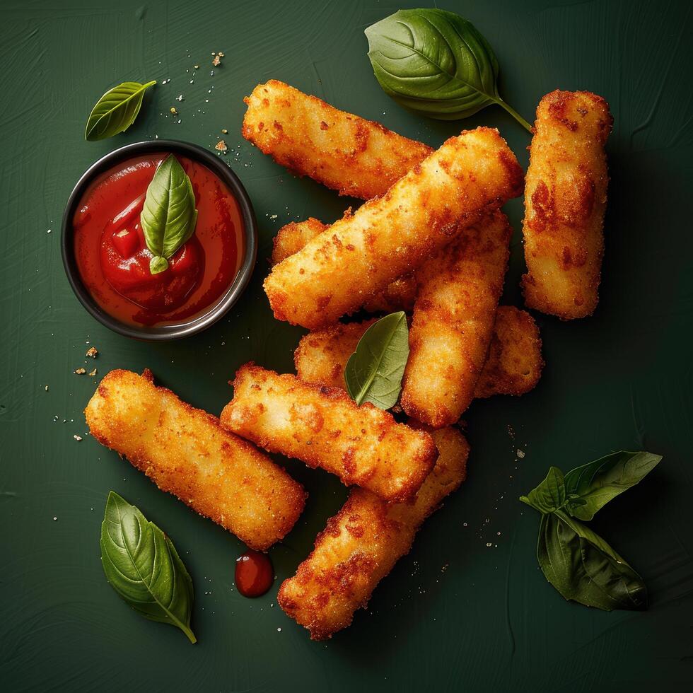 Crispy golden mozzarella cheese sticks with ketchup and basil leaves. Delicious fast food appetizer. Top view. photo