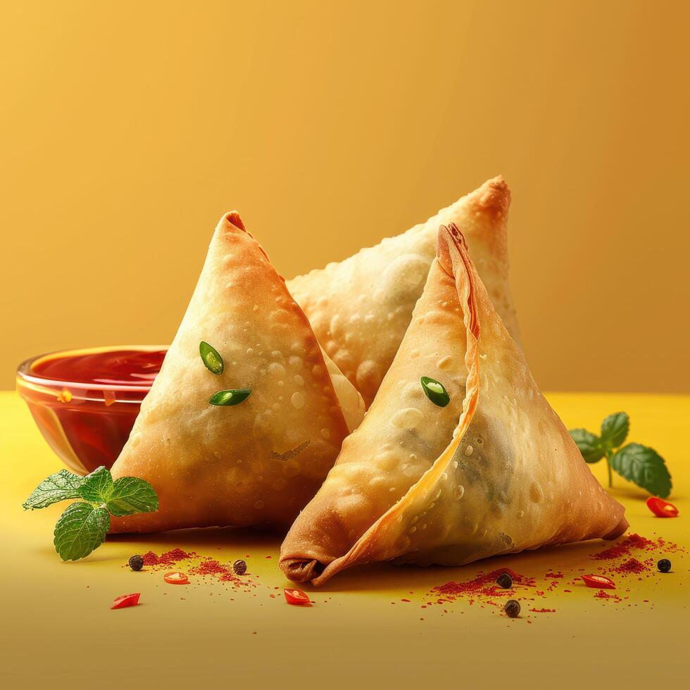 Close up of delicious, crispy samosas with a bowl of dipping sauce on a yellow background. Indian food, street food, appetizer, snack, and snack food. photo