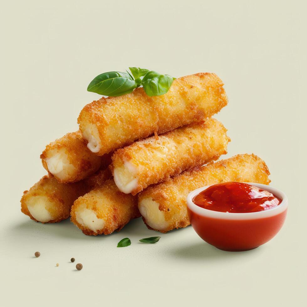 Crispy mozzarella cheese sticks with marinara sauce. Delicious appetizer recipe for a party or snack. photo