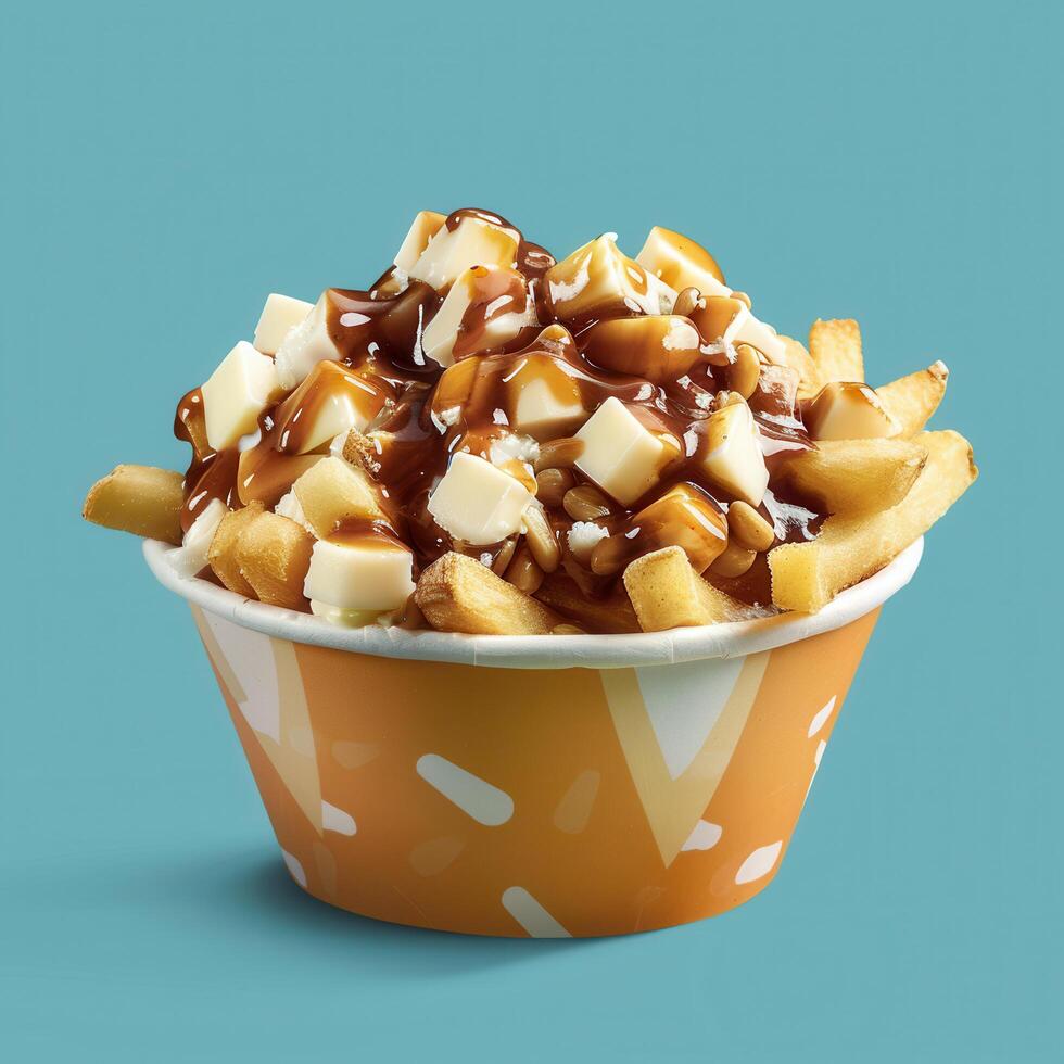 Delicious Poutine in a paper bowl, a Canadian classic dish made with French fries, cheese curds, and gravy. photo