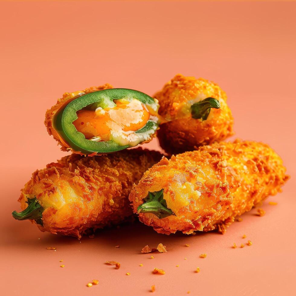 Close up of crispy, golden-brown jalapeno poppers filled with cheese and a spicy sauce, perfect for a delicious snack or appetizer. photo