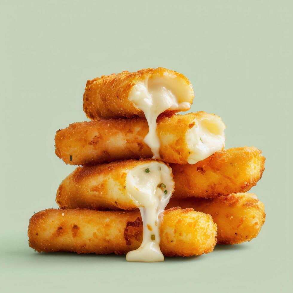 Close-up of cheesy mozzarella sticks, crispy golden brown with melted cheese oozing out. Concept of fast food, finger food, snacks, appetizers, comfort food, Italian food. photo