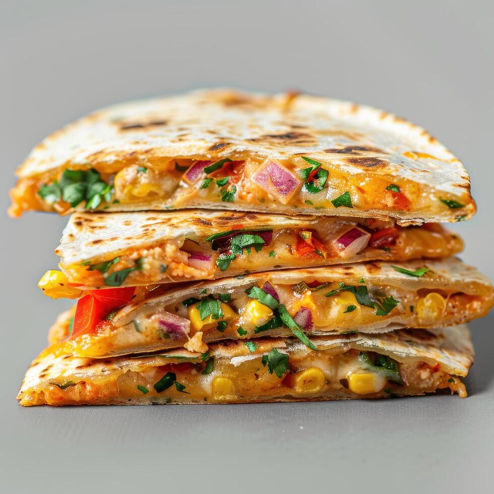 Stack of cheesy quesadillas with corn, peppers, and onions. Delicious Mexican street food with crispy tortilla and melted cheese. photo