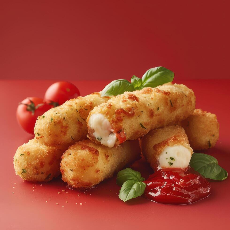 Crispy Fried Mozzarella Sticks with Tomato Sauce and Fresh Basil Leaves photo